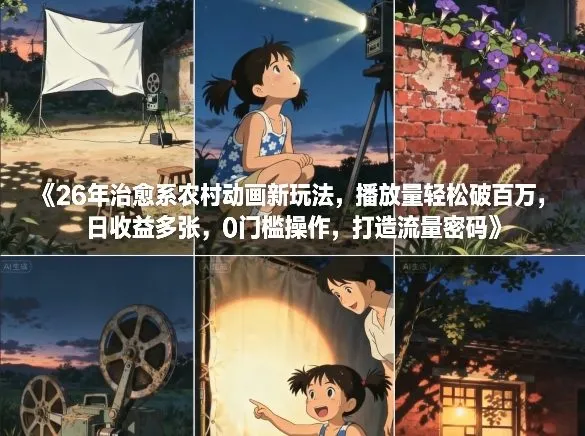 26年治愈系农村动画新玩法，播放量轻松破百万，日收益多张，0门槛操作，打造流量密码