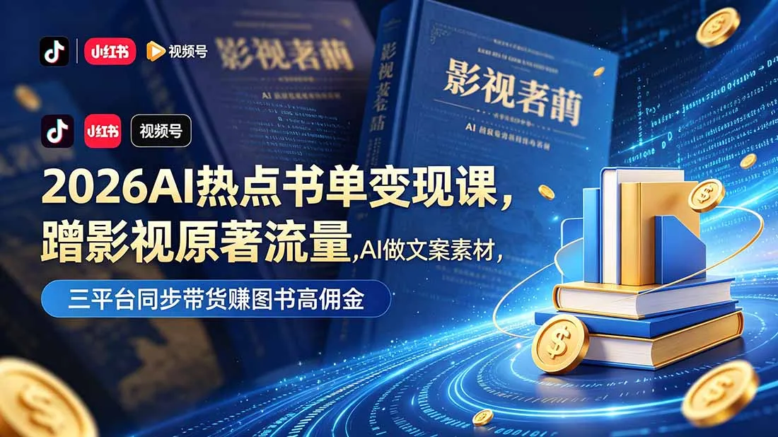 【精】2026AI热点书单变现课,蹭影视原著流量,AI做文案素材,三平台同步带货赚图书高佣金 【精】2026AI热点书单变现课,蹭影视原著流量,AI做文案素材,三平台同步带货赚图书高佣金