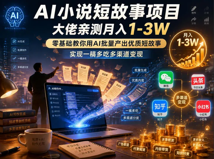 【精】AI小说短故事项目，大佬亲测月入1-3W，零基础教你用AI批量产出优质短故事，实现一稿多吃多渠道变现
