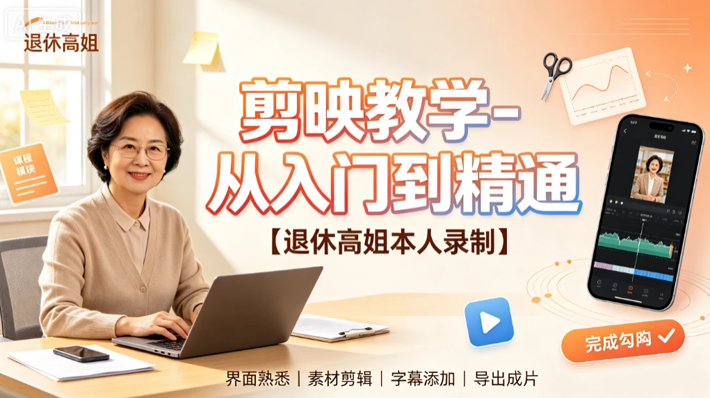 【精】剪映教学-从入门到精通，退休高姐本人录制，界面熟悉、素材剪辑、字幕添加、导出成片