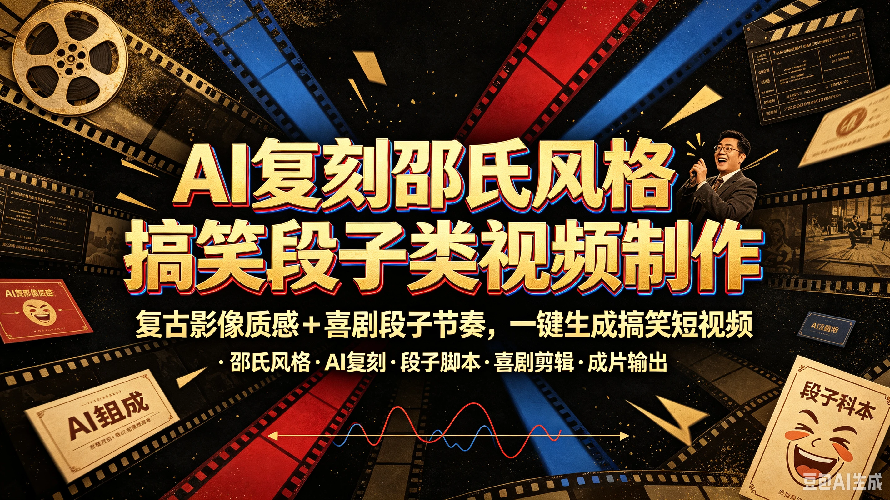 AI复刻邵氏风格搞笑段子类视频制作，复古影像质感+喜剧段子节奏，一键生成搞笑短视频