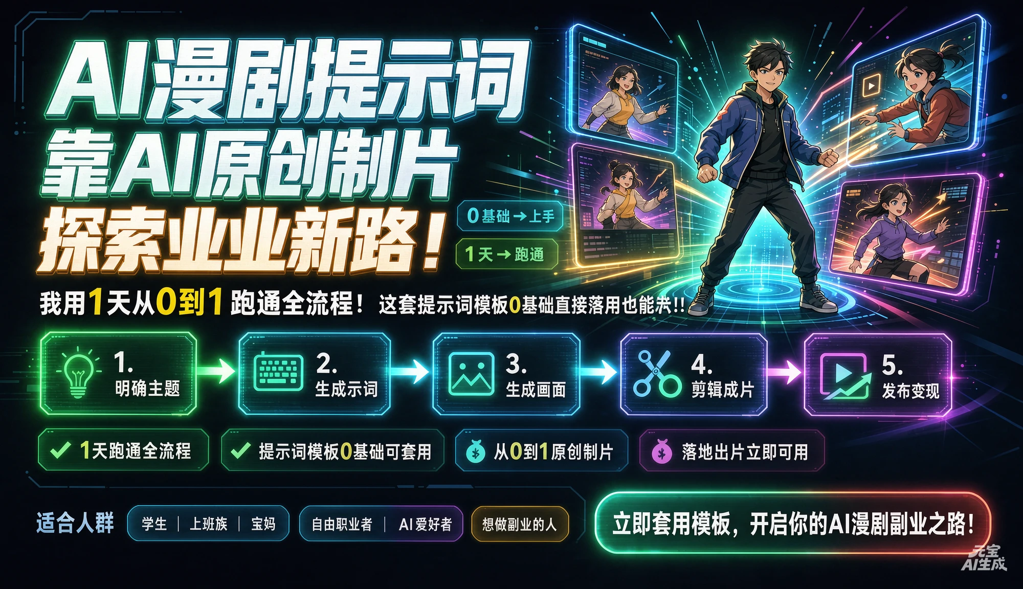 【精】AI漫剧.提示词靠AI原创制片探索副业新路!我用1天从0到1跑通全流程,这套提示词模板0基础直接套用也能落地出片!!