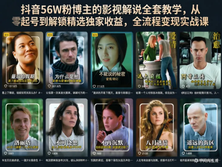 【精】抖音56W粉博主的影视解说全套教学,从零起号到解锁精选独家收益,全流程变现实战课