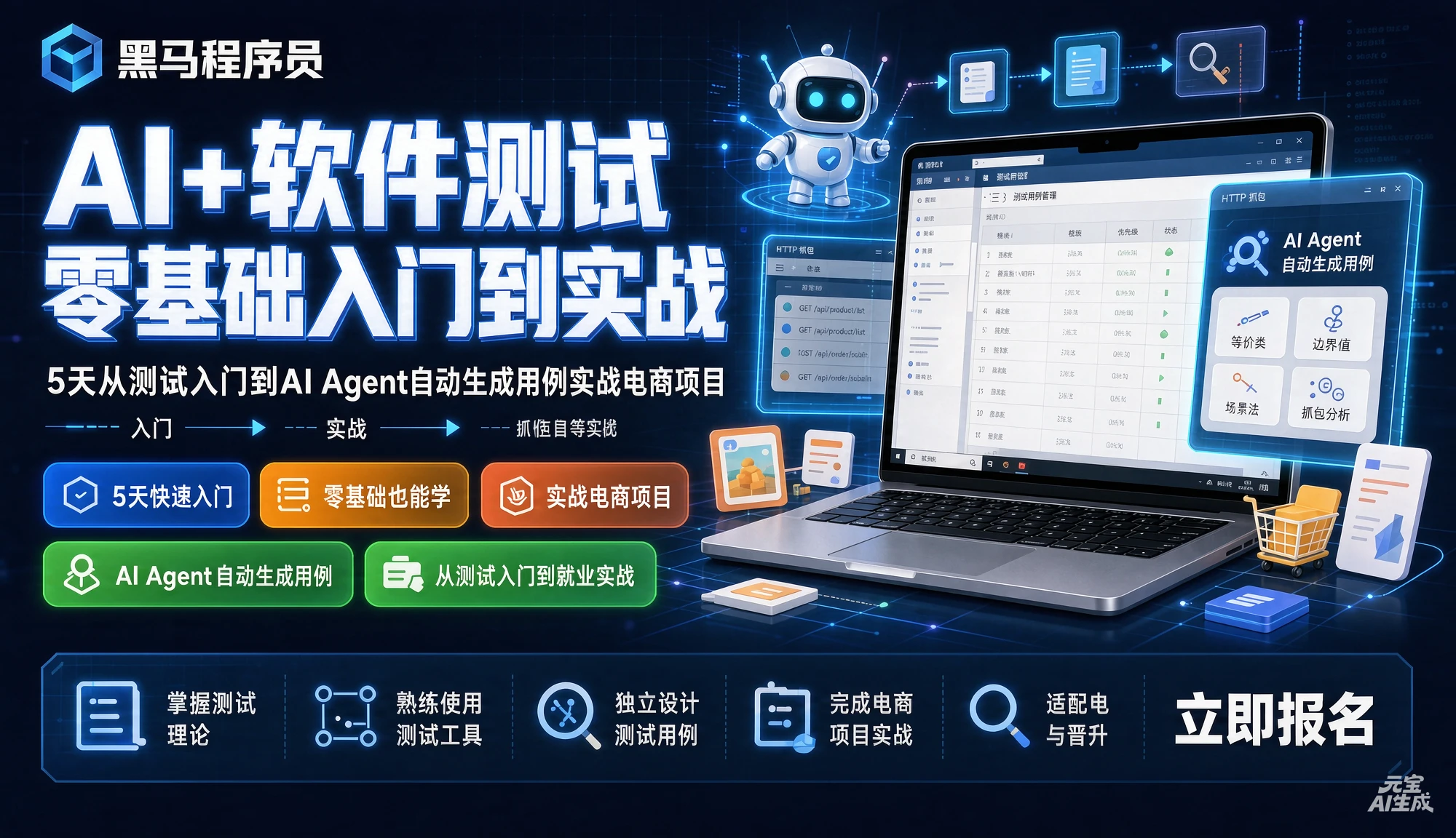 【精】黑马程序员AI+软件测试零基础入门到实战,5天从测试入门到AI Agent自动生成用例实战电商项目,等价类、边界值、抓包等全覆盖